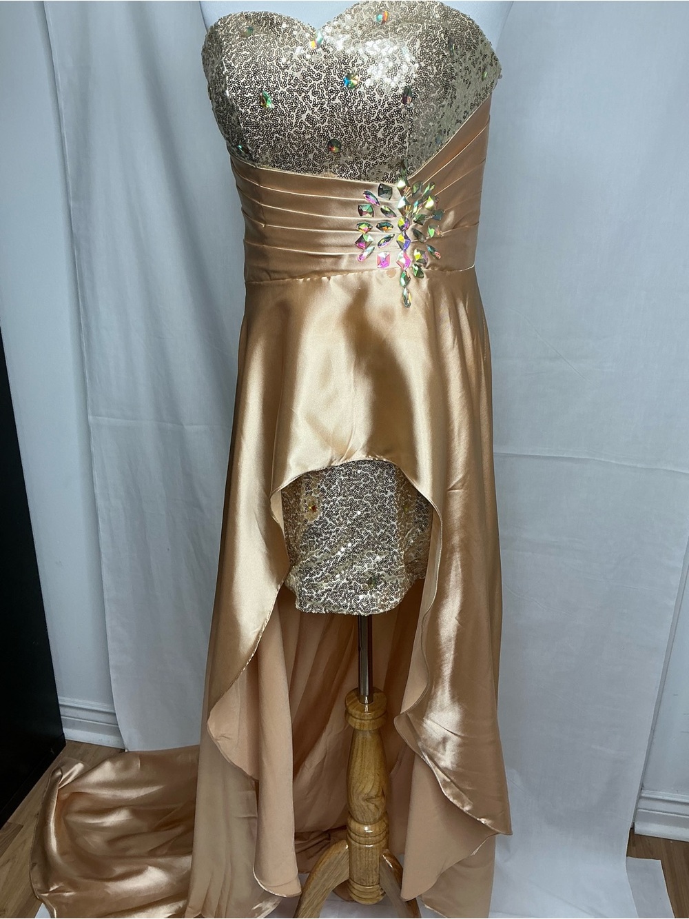 2054 - ViVi Gold Strapless High-Low Sequin Evening Gown